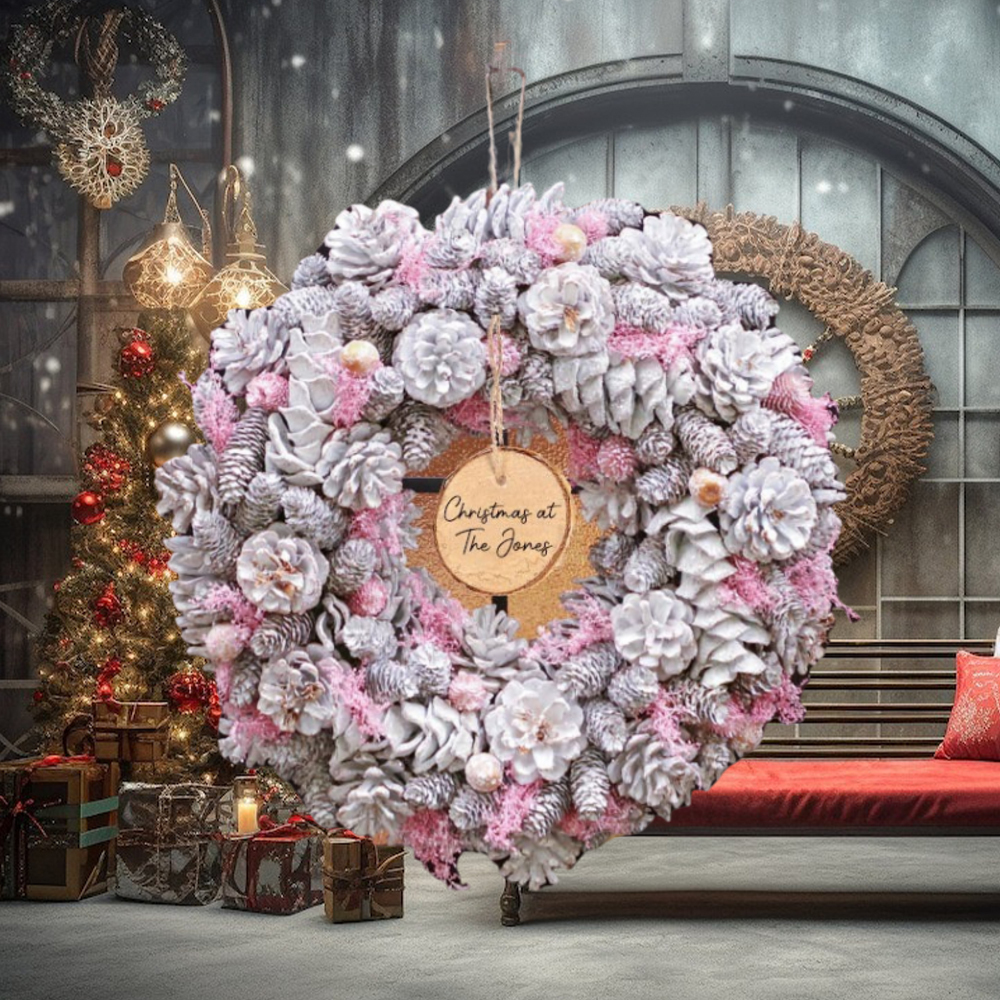 Personalised Silver and Pink Christmas Wreath 39cm Personalised Silver and Pink Christmas Wreath 39cm