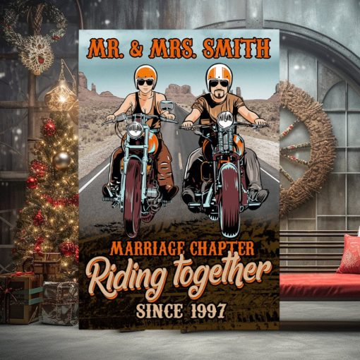 Personalized Biker Couple Poster   Marriage Chapter Riding Together   Desert Highway Background