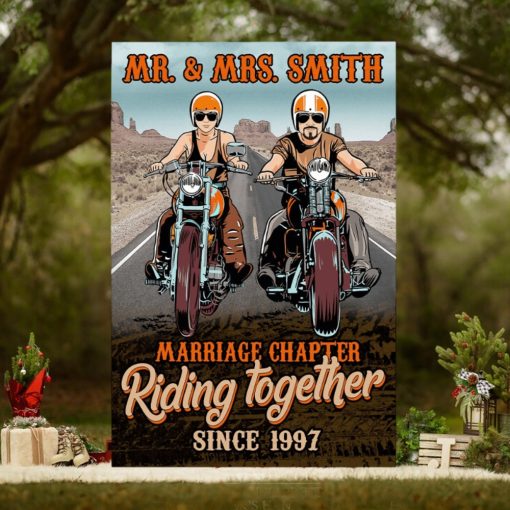 Personalized Biker Couple Poster   Marriage Chapter Riding Together   Desert Highway Background