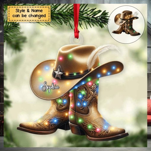 Personalized Boots And Hat Cowboy Flat Personalized Acrylic Christmas Ornament