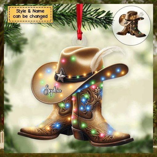 Personalized Boots And Hat Cowboy Flat Personalized Acrylic Christmas Ornament