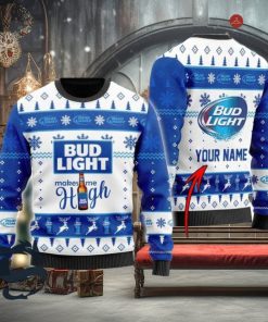 Personalized Bud Light Makes Me High Christmas Ugly Sweater, Christmas Gift Apparel, Merry Ugly Christmas Sweater