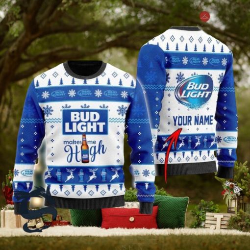 Personalized Bud Light Makes Me High Christmas Ugly Sweater, Christmas Gift Apparel, Merry Ugly Christmas Sweater