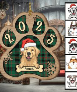 Personalized Custom Paw Shaped Wood Christmas Ornament   Dog, Cat And Snow   Plaid Buffalo Pattern   Customized Decoration Upload Image, Gift For Pet Lovers