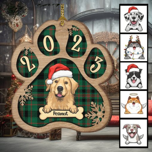 Personalized Custom Paw Shaped Wood Christmas Ornament   Dog, Cat And Snow   Plaid Buffalo Pattern   Customized Decoration Upload Image, Gift For Pet Lovers