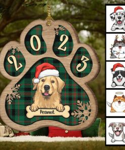 Personalized Custom Paw Shaped Wood Christmas Ornament   Dog, Cat And Snow   Plaid Buffalo Pattern   Customized Decoration Upload Image, Gift For Pet Lovers