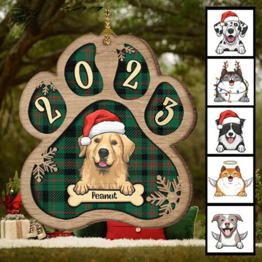 Personalized Custom Paw Shaped Wood Christmas Ornament   Dog, Cat And Snow   Plaid Buffalo Pattern   Customized Decoration Upload Image, Gift For Pet Lovers