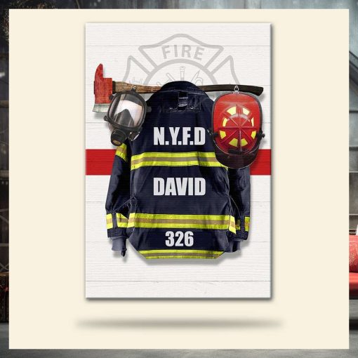 Personalized Firefighter Uniform Poster   Thin Red Line Background