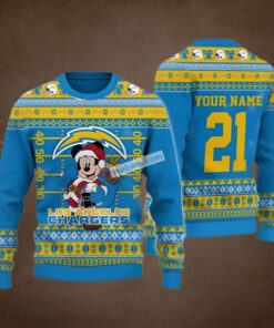 Personalized Mickey Mouse Santa Los Angeles Chargers Blue Cool Ugly Christmas Sweater