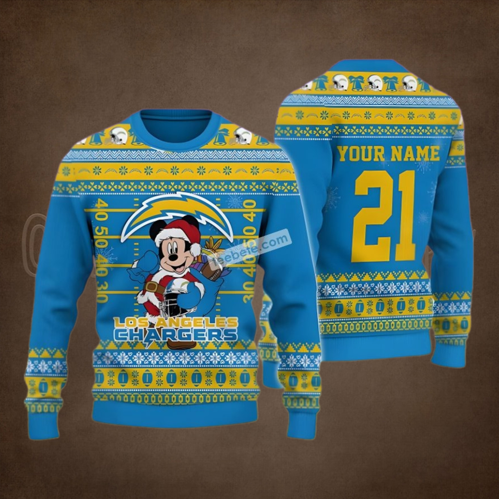 Personalized Mickey Mouse Santa Los Angeles Chargers Blue Cool Ugly Christmas Sweater Personalized Mickey Mouse Santa Los Angeles Chargers Blue Cool Ugly Christmas Sweater