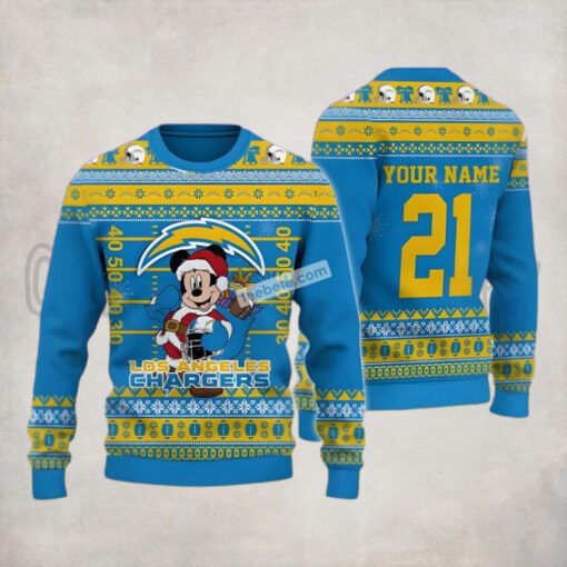 Personalized Mickey Mouse Santa Los Angeles Chargers Blue Cool Ugly Christmas Sweater