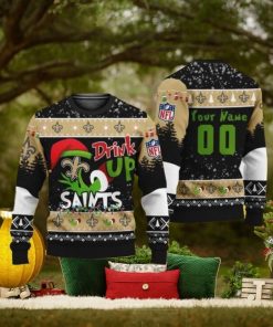 Personalized Name And Number NFL New Orleans Saints Ugly Christmas Sweater Grinch Drink Up Gift For Men And Women