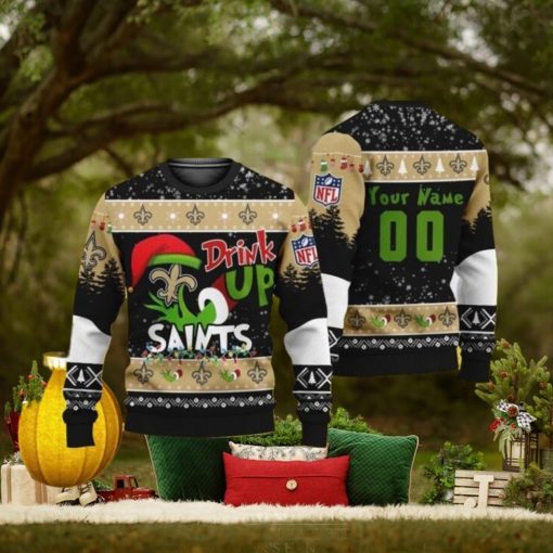 Personalized Name And Number NFL New Orleans Saints Ugly Christmas Sweater Grinch Drink Up Gift For Men And Women