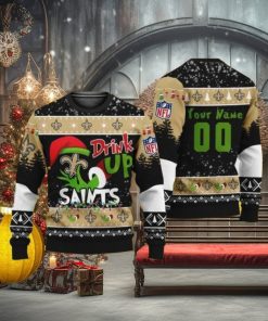 Personalized Name And Number NFL New Orleans Saints Ugly Christmas Sweater Grinch Drink Up Gift For Men And Women