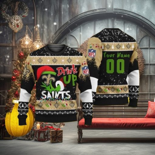 Personalized Name And Number NFL New Orleans Saints Ugly Christmas Sweater Grinch Drink Up Gift For Men And Women