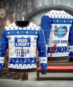 Personalized Name Bud Light Makes Me High Christmas Gift Sweater All Over Print 3D Sweater