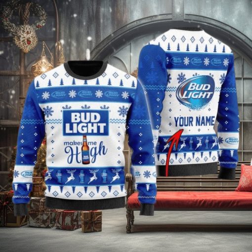 Personalized Name Bud Light Makes Me High Christmas Gift Sweater All Over Print 3D Sweater