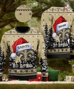 Personalized New Orleans Saint Symbol Wearing Santa Claus Hat Ho Ho Ho Christmas Ugly Sweater Party