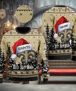 Personalized New Orleans Saint Symbol Wearing Santa Claus Hat Ho Ho Ho Christmas Ugly Sweater Party
