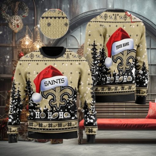 Personalized New Orleans Saint Symbol Wearing Santa Claus Hat Ho Ho Ho Christmas Ugly Sweater Party