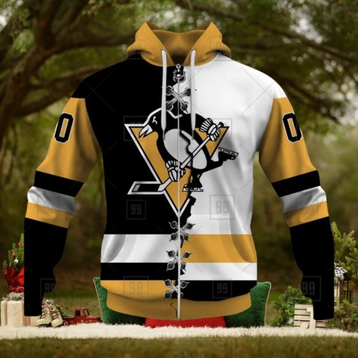 Personalized Nhl Pittsburgh Penguins Broken Mix Jersey Style Hoodie