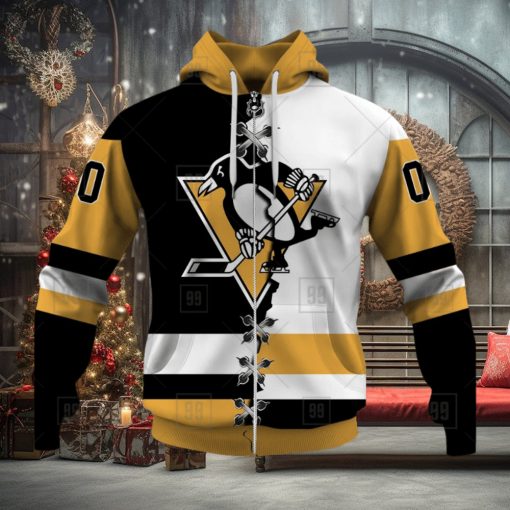 Personalized Nhl Pittsburgh Penguins Broken Mix Jersey Style Hoodie