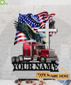 Personalized Red Truck With Eagle And Flag Shaped Metal Sign