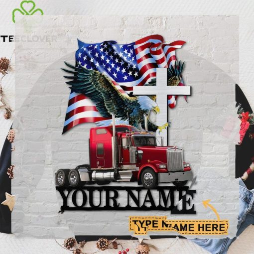 Personalized Red Truck With Eagle And Flag Shaped Metal Sign