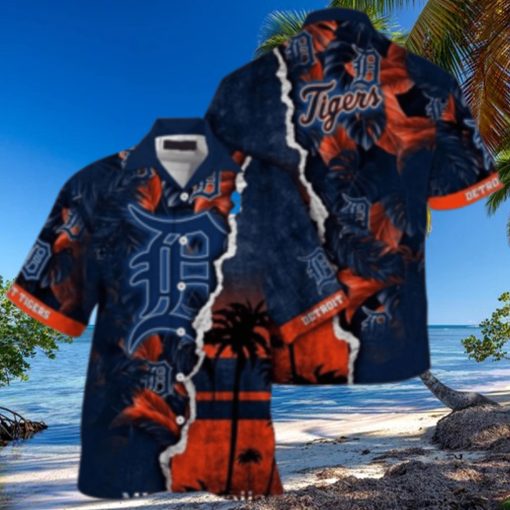 Personalized Sunset Palms Detroit Tigers Navy Aloha Shirt