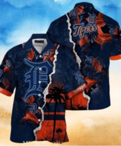 Personalized Sunset Palms Detroit Tigers Navy Aloha Shirt