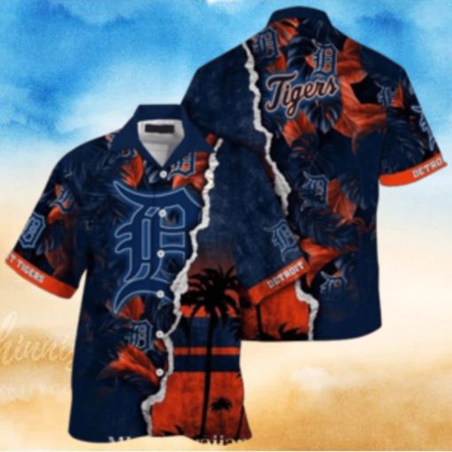 Personalized Sunset Palms Detroit Tigers Navy Aloha Shirt