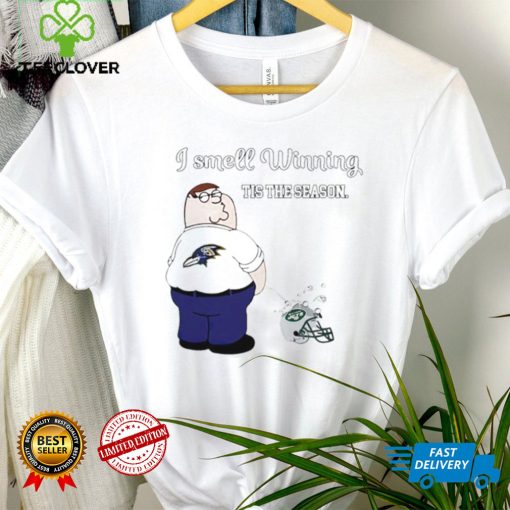 Peter Griffin Baltimore Ravens peeing on New York Jets helmet I smell winning tis the season hoodie, sweater, longsleeve, shirt v-neck, t-shirt