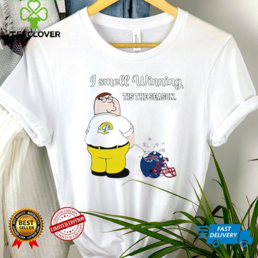 Peter Griffin Los Angeles Rams peeing on Buffalo Bills helmet I smell winning tis the season hoodie, sweater, longsleeve, shirt v-neck, t-shirt