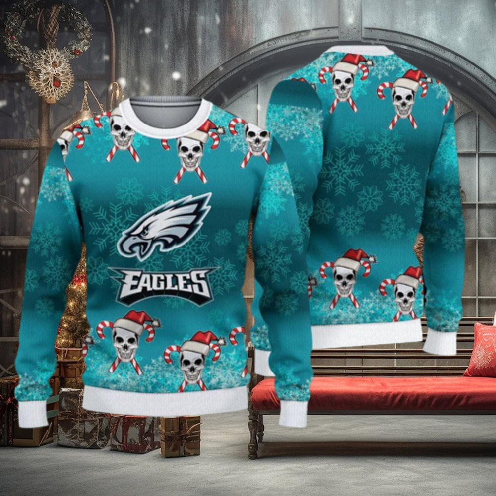 Philadelphia Eagles Christmas Skull 3D Rejoice Ugly Sweater - Limotees