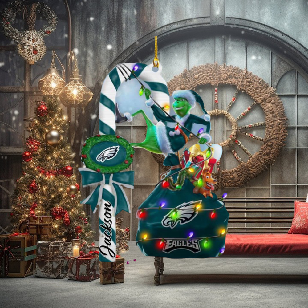 Philadelphia Eagles NFL Custom Name Grinch Candy Cane 2 Side Christmas Ornament Philadelphia Eagles NFL Custom Name Grinch Candy Cane 2 Side Christmas Ornament