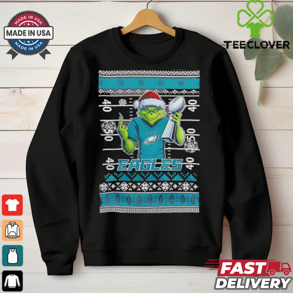 Philadelphia Eagles X Grinch Christmas with Super Bowl Trophy ugly Christmas shirt Philadelphia Eagles X Grinch Christmas with Super Bowl Trophy ugly Christmas shirt