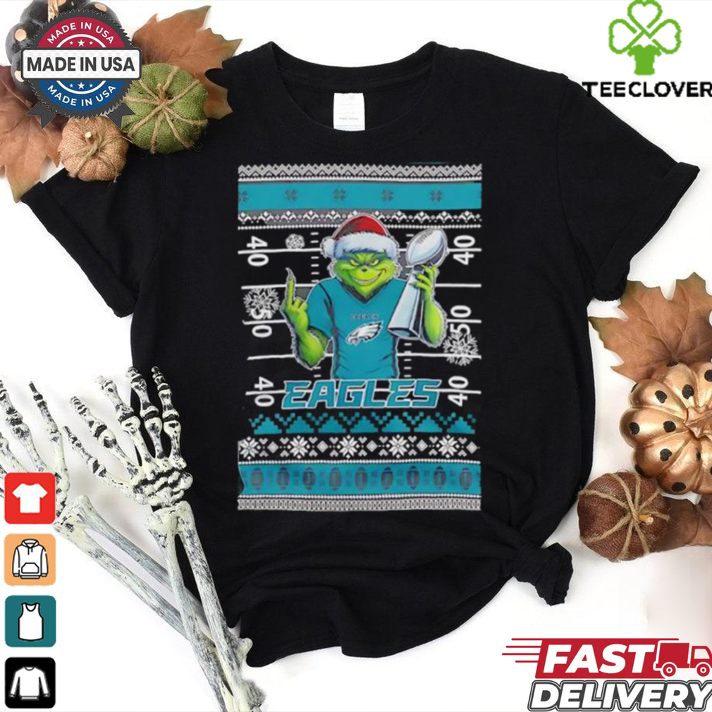 Philadelphia Eagles X Grinch Christmas with Super Bowl Trophy ugly Christmas shirt Philadelphia Eagles X Grinch Christmas with Super Bowl Trophy ugly Christmas shirt
