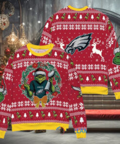 Philadelphia Eagles x Grinch NFL Dr. Seuss How the Grinch Stole Christmas with Super Bowl Trophy Ugly Christmas Sweater Red