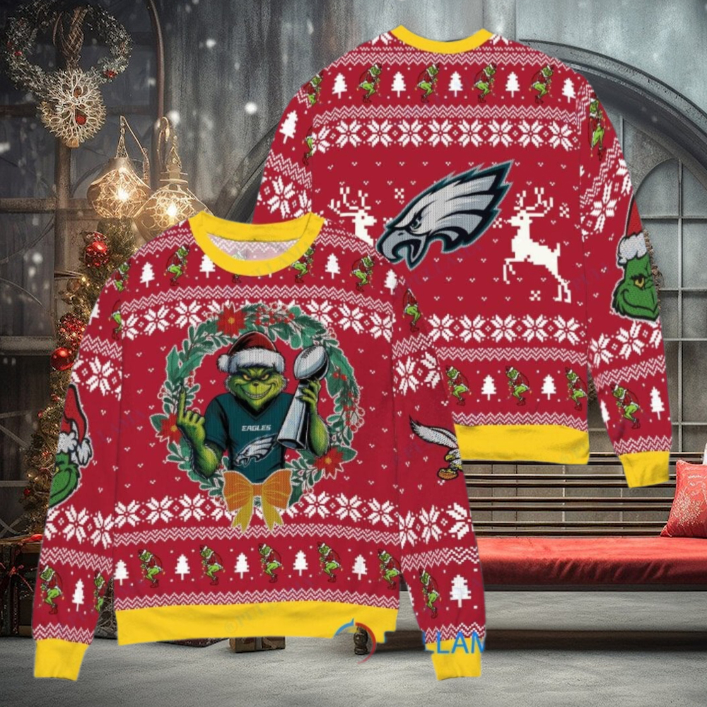 Philadelphia Eagles x Grinch NFL Dr. Seuss How the Grinch Stole Christmas with Super Bowl Trophy Ugly Christmas Sweater Red Philadelphia Eagles x Grinch NFL Dr. Seuss How the Grinch Stole Christmas with Super Bowl Trophy Ugly Christmas Sweater Red