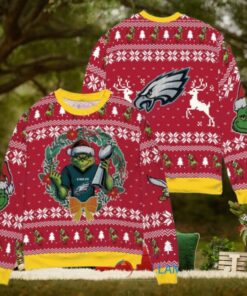 Philadelphia Eagles x Grinch NFL Dr. Seuss How the Grinch Stole Christmas with Super Bowl Trophy Ugly Christmas Sweater Red