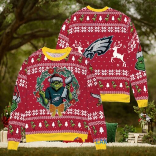Philadelphia Eagles x Grinch NFL Dr. Seuss How the Grinch Stole Christmas with Super Bowl Trophy Ugly Christmas Sweater Red