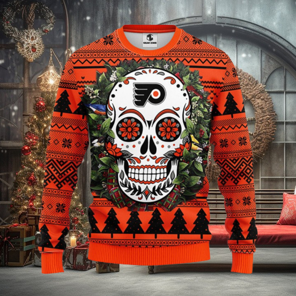 Philadelphia Flyers Skull Flower Ugly Christmas Ugly Sweater Philadelphia Flyers Skull Flower Ugly Christmas Ugly Sweater