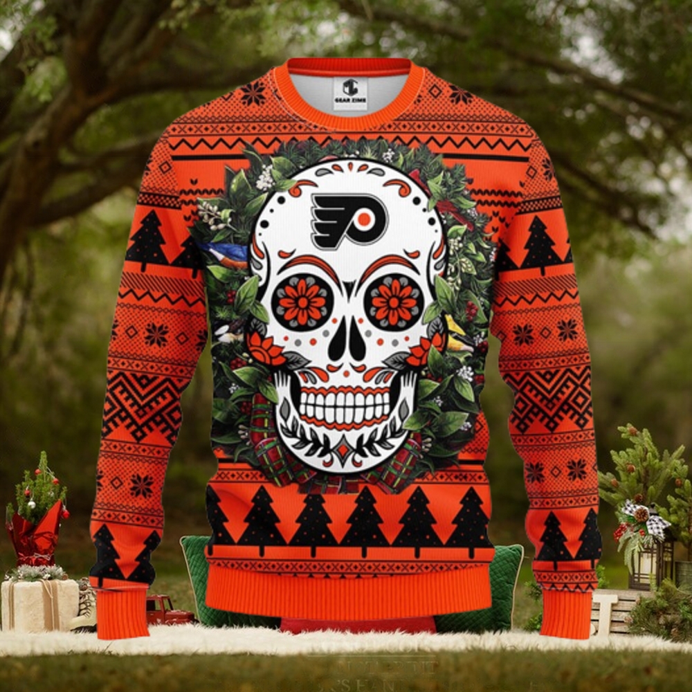 Philadelphia Flyers Skull Flower Ugly Christmas Ugly Sweater Philadelphia Flyers Skull Flower Ugly Christmas Ugly Sweater