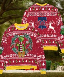 Philadelphia Phillies x Grinch Dr. Seuss How the Grinch Stole Christmas MLB with World Series Trophy Ugly Christmas Sweater Red