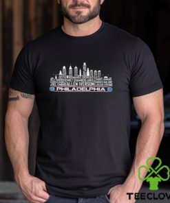 Philadelphia basketball team player names Philadelphia City skyline logo shirt