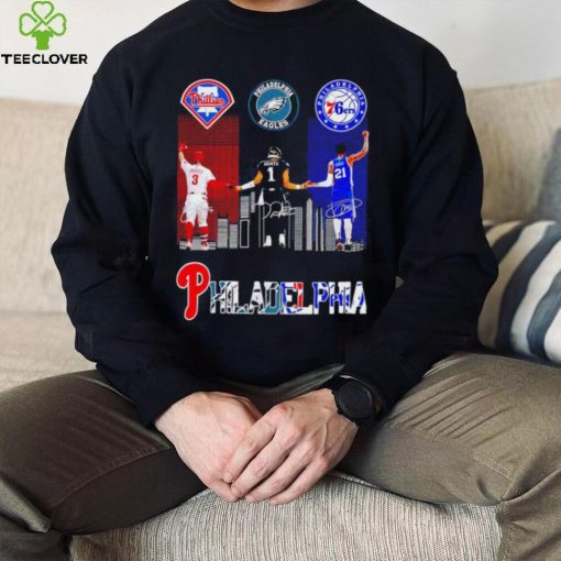 Philadelphia city Philadelphia Phillies Bryce Harper Philadelphia Eagles Jalen Hurts Philadelphia 76ers Joel Embiid signatures logo hoodie, sweater, longsleeve, shirt v-neck, t-shirt