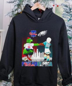 Philadelphia city Philadelphia Phillies and Philadelphia Eagles mascots skyline logo 2023 shirt