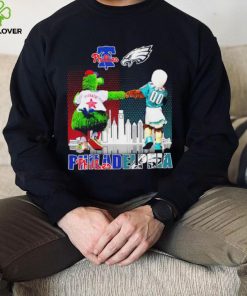 Philadelphia city Philadelphia Phillies and Philadelphia Eagles mascots skyline logo 2023 hoodie, sweater, longsleeve, shirt v-neck, t-shirt