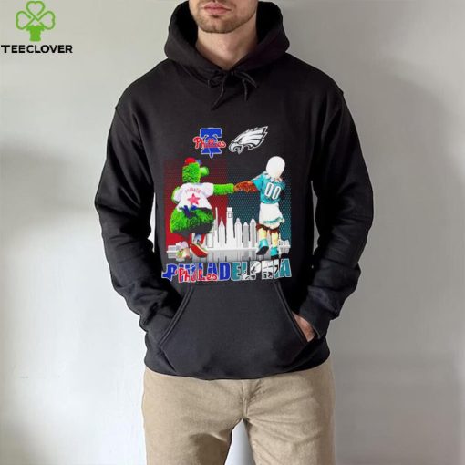 Philadelphia city Philadelphia Phillies and Philadelphia Eagles mascots skyline logo 2023 hoodie, sweater, longsleeve, shirt v-neck, t-shirt