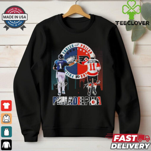 Philadelphia city skyline Hurts Philadelphia Eagles and Konecny Philadelphia Flyers signature shirt